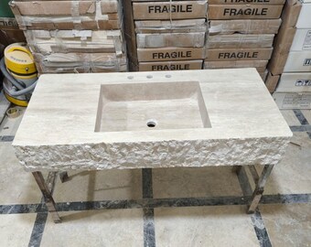 Custom Sink for Corissa, Handmade Rustic Travertine Marble Sink: Wall Mounted Natural Stone Washbasin