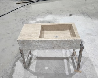 Chiseled Travertine Marble Sink: Natural Stone Vessel Basin