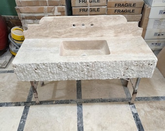 Lavandino personalizzato per Robert, lunghezza 120 cm e paraschizzi come nell'ultima foto, lavandino in travertino naturale con paraschizzi: mobiletto per bagno rustico