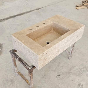 Handcrafted Rustic Travertine Sink: Natural Stone Bathroom Basin 28x16x7