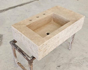 Lavandino rustico in travertino fatto a mano: lavabo in pietra naturale per bagno 28x16x7