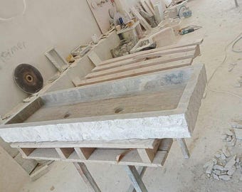 Lavandino rettangolare in travertino argento: doppio lavabo in marmo e pietra naturale