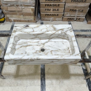 Calacatta  Gold Marble Sink, Natural Stone Sink,  Wall Mounted Sink, Rectangular Marble Sink, Modern Marble Sink, Sink for Bathroom, Basin