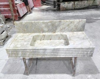 Lavandino in marmo Calacatta Gold, 46x21 pollici H: 6 pollici con paraschizzi, lavandino in marmo intagliato a mano, lavandino a parete con paraschizzi