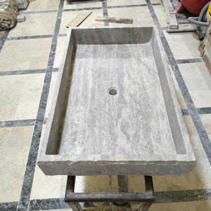 Marble Sink, Sink For Bathroom, Natural Stone Sink, Marble, Sink, Stone Sink, Silver Travertine Thin Edge Rectangular Sink