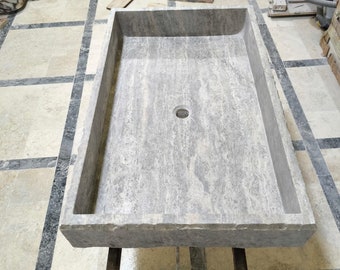 Lavandino da bagno in marmo travertino argento: pietra naturale rettangolare