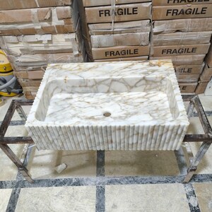 Calacatta Gold Marble Sink, Wall Mount Marble Sink, Powder Room Sink, Sink for Bathroom, Natural Stone Sink,  Grooved  Marble Sink, Basin