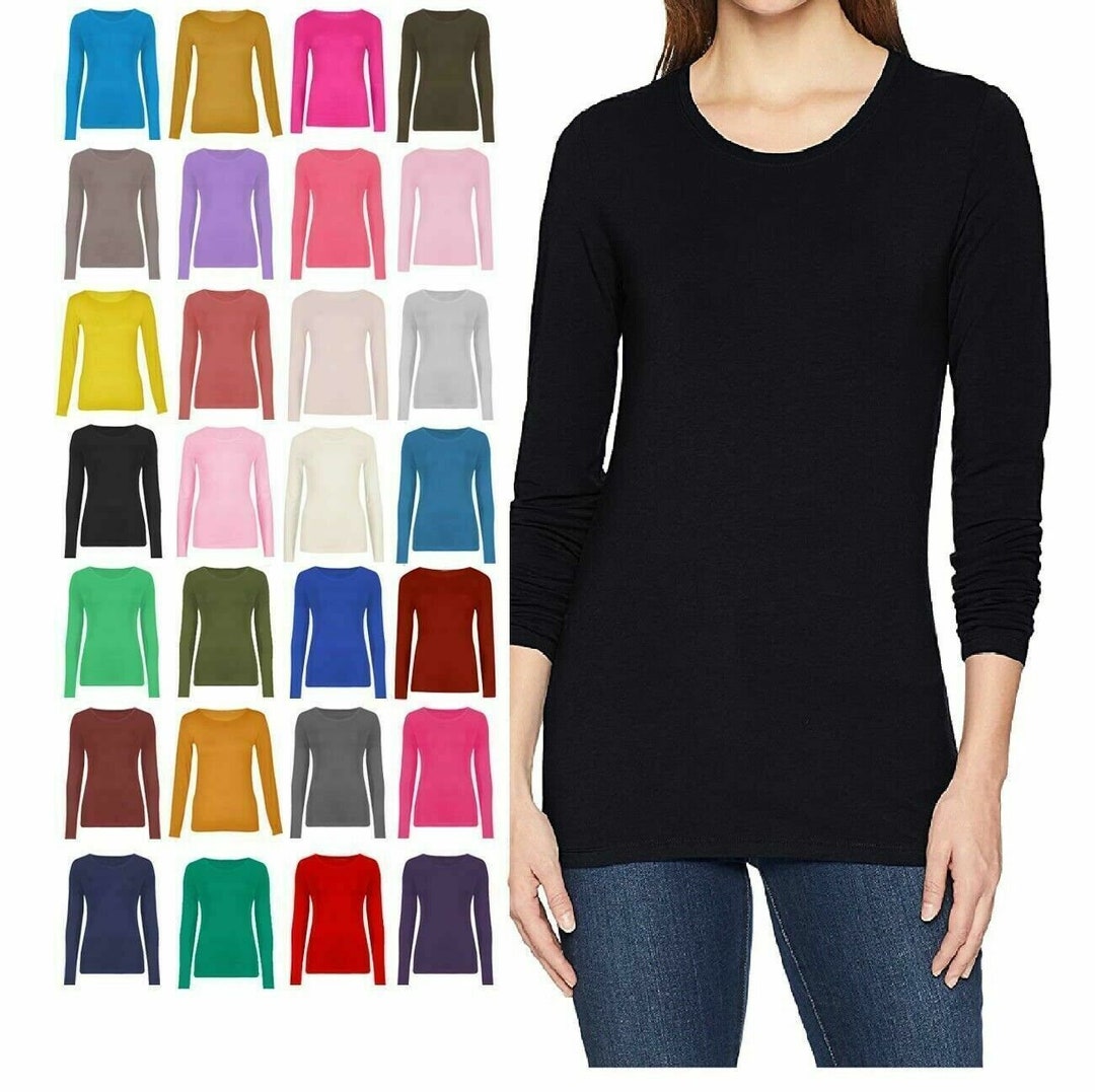 Womens Long Sleeve Plain T Shirt Ladies Pullover Round Neck Tops ...