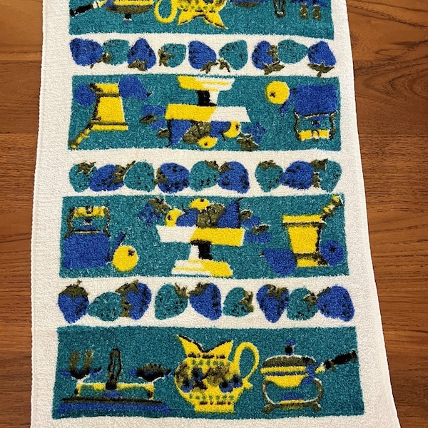 Vintage 1970s Cannon quick dry Kitchen Towel Hand Towel Turquoise Blue White fruits and kitchen items print 100% Cotton Made in the USA