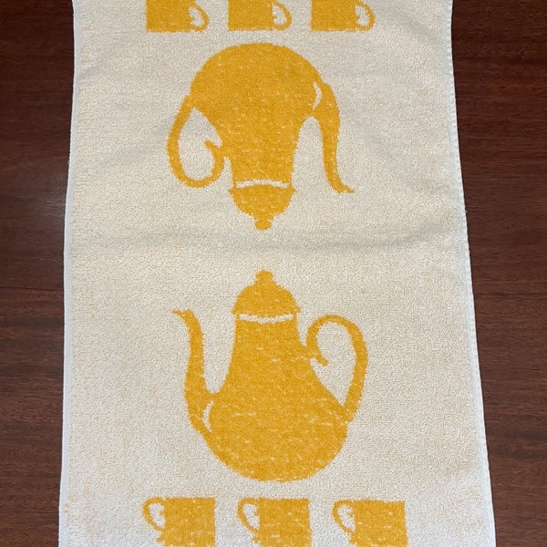 Vintage 1970s Cannon Kitchen Towel Tea Towel Hand Towel Yellow Orange Coffee Pot and Cups 100% Cotton Made in the U.S.A.