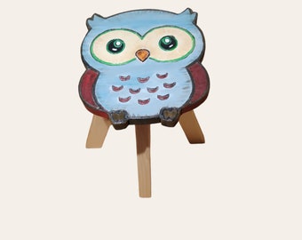 Children's stool,colorful owl painted and carved wooden stool with animal motif 27 cm children's room wooden children,birthdays,playroom,