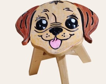 Children's stool,colorful dog painted and carved wooden stool with animal motif 27 cm children's room wooden children,birthdays,playroom,