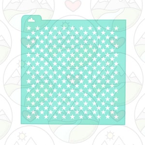 May include: A turquoise blue stencil with a repeating pattern of white stars. The stencil is rectangular and has a small mountain shape at the top.