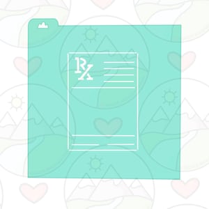 May include: A light blue printable planner page with a white outline of a prescription form. The form has the letter "Rx" at the top and lines for writing. There is a heart shape in the bottom left corner of the form.