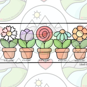 Puede incluir: Un juego de cinco cortadores de galletas con forma de flores en maceta. Los cortadores miden 4,5 pulgadas por 2,25 pulgadas y 4 pulgadas por 2,25 pulgadas. El juego está empaquetado en una caja de 12x5.