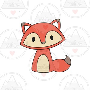 Puede incluir: Un cortador de galletas de zorro de dibujos animados con un cuerpo rojo, orejas marrones y una cara blanca. El zorro está sentado con la cola enroscada detrás de él.
