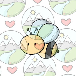 May include: A cartoon bee with yellow and black stripes and a heart on its body. The bee is flying over a pattern of mountains and sun with the text "Oquirrh Mountain Cookies" repeated.