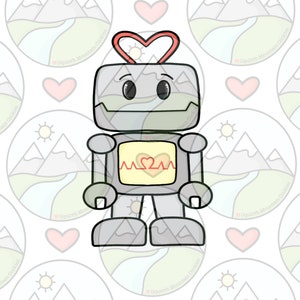 May include: A gray robot with a heart on its head and a heart-shaped graphic on its chest. The robot has a happy expression and is surrounded by a white background with a repeating pattern of mountains and hearts.