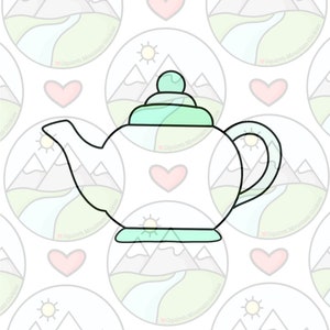 May include: A white teapot cookie cutter with a light green lid and handle. The cookie cutter is outlined in black and has a heart shape on the front.