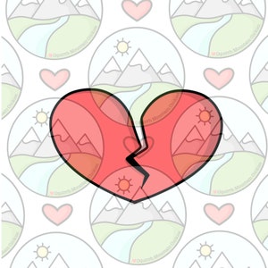 May include: A broken heart cookie cutter with a red and orange gradient. The cookie cutter is shaped like a heart with a crack down the middle. The background is a white pattern of mountains and hearts.