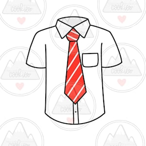 Peut inclure: Une chemise blanche à manches courtes avec une cravate rouge et blanche à rayures. La chemise a un col boutonné et une poche sur le côté gauche.