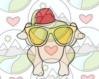 May include: A yellow cookie cutter shaped like a turkey wearing sunglasses and a red fez. The cookie cutter is on a white background with a repeating pattern of mountains and hearts.