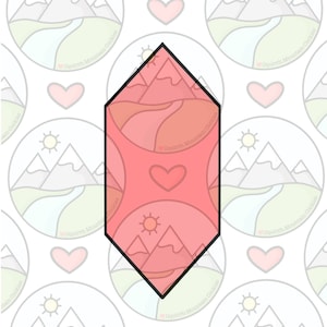 May include: A pink and red mountain range cookie cutter with a heart and sun design. The cutter is shaped like a hexagon with rounded edges.