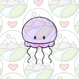 May include: A purple and white cartoon jellyfish cookie with a mountain scene inside the bell. The cookie has four long, thin legs.