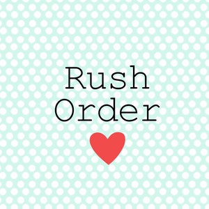 May include: A light blue background with white polka dots. The text "Rush Order" is written in black. A red heart is below the text.