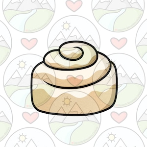 May include: A close-up of a cinnamon roll cookie with a swirl of icing on top. The cookie is light brown and has a white heart in the center. The background is a white pattern of mountains and hearts.