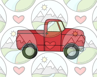 以下が含まれることがあります： 赤いピックアップトラックのクッキー型で、側面にハートが付いています。この型は、太陽と川のある山脈のクッキー型のパターンで囲まれています。