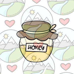 May include: A hand-painted cookie decorated with a honey jar. The jar is yellow with a brown lid and a red heart on the label. The label says "HONEY".