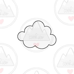 May include: A black and white outline of a cloud cookie cutter. The cookie cutter is shaped like a cloud with a rounded edge. The cookie cutter is on a white background.