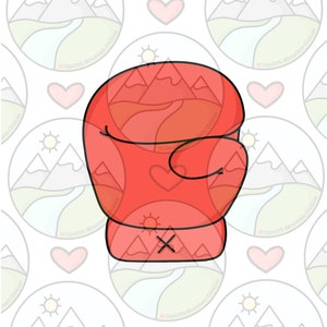May include: Red boxing glove cookie cutter with a white X on the bottom. The cookie cutter is outlined in black.