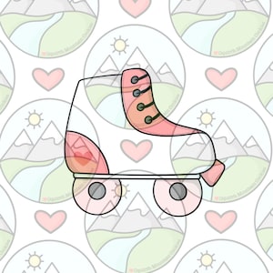 May include: A white and pink roller skate cookie cutter with a mountain scene background. The cookie cutter has four wheels and a pink tongue.