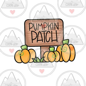 May include: A wooden sign with the words "Pumpkin Patch" painted in black. The sign is propped up on a stick with several orange pumpkins hanging from it.