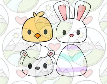 May include: Four Easter-themed cookie cutters: a chick, a bunny, a lamb, and an egg. The cutters are white with black outlines and feature cute cartoon faces.