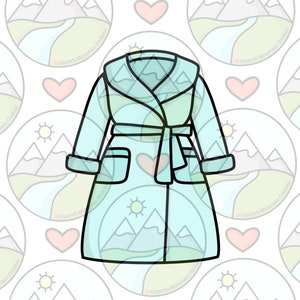 May include: A light blue bathrobe with a white collar, a belt, and two pockets. The bathrobe is drawn in a cartoon style.