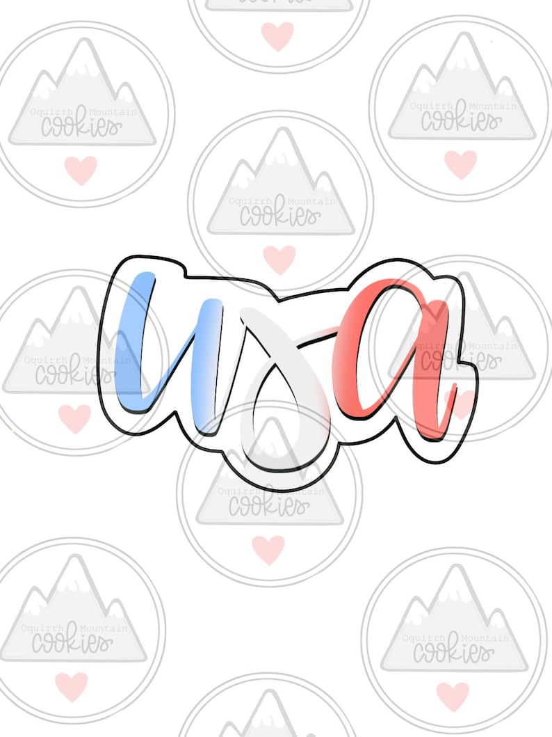 May include: A cookie cutter in the shape of the word "USA" with red, white, and blue accents. The cutter is outlined in black.