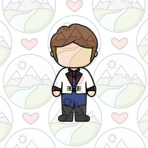 May include: A cartoon cookie cutter in the shape of a character wearing a white jacket with black trim, blue pants, and black boots. The character has brown hair and a blank face. The background is a repeating pattern of mountains, suns, and hearts.