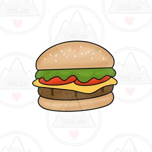 May include: A cartoon-style illustration of a hamburger with a sesame seed bun, lettuce, tomato, cheese, and a meat patty.