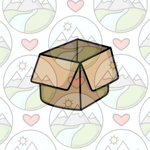 May include: A brown cardboard box with a heart-shaped opening on the top. The box is surrounded by a repeating pattern of mountains, a sun, and a heart.