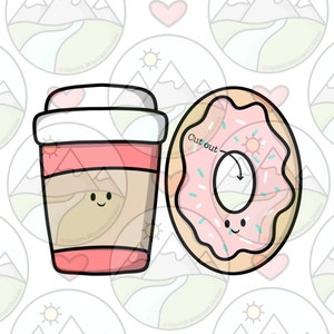 May include: A cartoon illustration of a pink and brown coffee cup with a happy face and a pink and brown donut with sprinkles and a happy face. The text "Cut out" is written on the donut.
