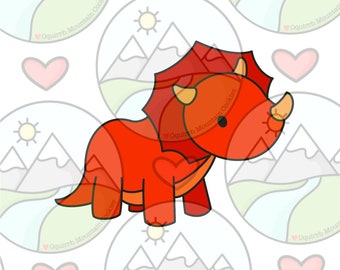 May include: A red cartoon triceratops with a black outline. The dinosaur has a small heart on its side and is standing on a white background.