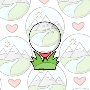 May include: A green and white golf ball cookie cutter with a red base and green grass. The cookie cutter is on a white background with a repeating pattern of mountains, a sun, and a heart.