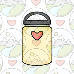 May include: A yellow insulated water bottle with a black lid and a red heart design. The bottle has a mountain scene with a sun on the front.