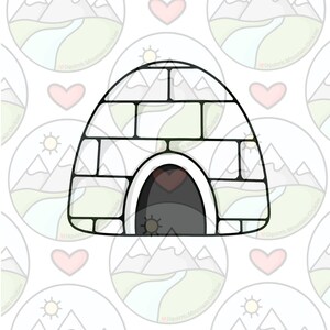 May include: A black and white line drawing of an igloo with a small sun and a heart shape in the entrance. The igloo is made of bricks.