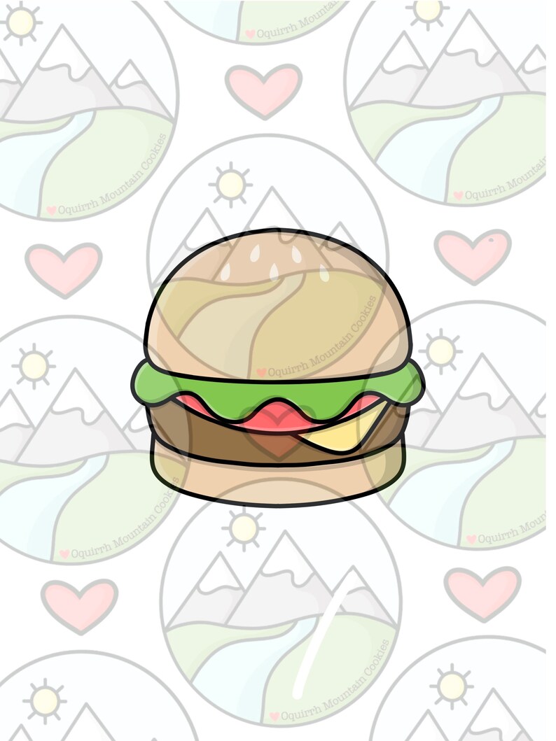 May include: A cartoon illustration of a hamburger cookie cutter. The cookie cutter is brown, yellow, green, and red. The cookie cutter is in the shape of a hamburger with a sesame seed bun, lettuce, tomato, cheese, and a meat patty.