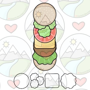 May include: Four cookie cutters in the shape of a circle, a square, and two different flower shapes. The cutters are white with black outlines. The image also shows a stack of cookie cutters in the shape of a hamburger, with a bun, lettuce, tomato, cheese, and a patty.