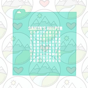 May include: A green and white word search puzzle with the words "Santa's Helper" at the top. The puzzle is surrounded by a light blue border. The background is a white pattern of mountains, hearts, and suns.